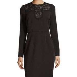 Neiman Marcus Lace-Inset Long-Sleeve Sheath Dress